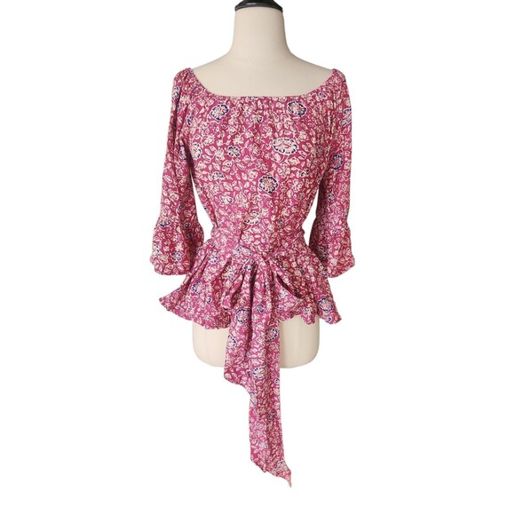Natalie Martin Revolve Blouse Womens Small Floral Boho Peasant Silky Fuschia - Picture 1 of 7